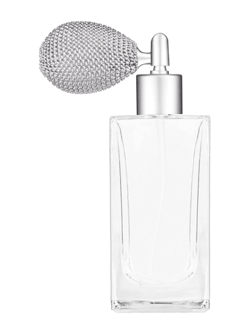 Empire design 100 ml, 3 1/2oz  clear glass bottle  with matte silver vintage style sprayer with matte silver collar cap.