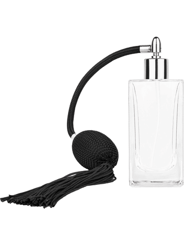 Empire design 100 ml, 3 1/2oz  clear glass bottle  with Black vintage style bulb sprayer with tassel with shiny silver collar cap.