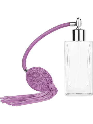 Empire design 100 ml, 3 1/2oz  clear glass bottle  with Lavender vintage style bulb sprayer with tassel with shiny silver collar cap.