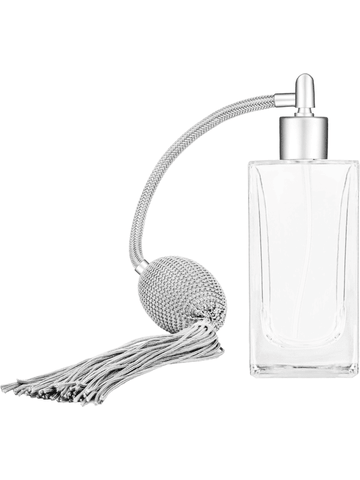 Empire design 100 ml, 3 1/2oz  clear glass bottle  with Silver vintage style bulb sprayer with tassel with matte silver collar cap.