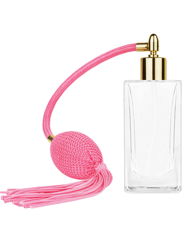 Empire design 100 ml, 3 1/2oz  clear glass bottle  with Pink vintage style bulb sprayer with tassel with shiny gold collar cap.