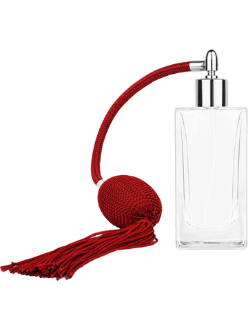 Empire design 100 ml, 3 1/2oz  clear glass bottle  with Red vintage style bulb sprayer with tassel with shiny silver collar cap.