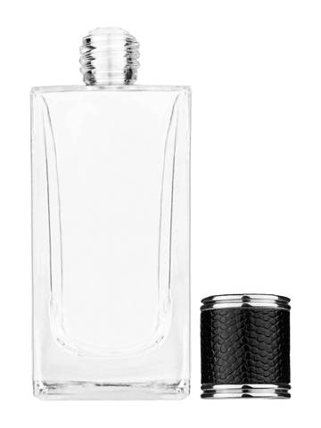 Empire design 100 ml, 3 1/2oz  clear glass bottle  with reducer and black faux leather cap.