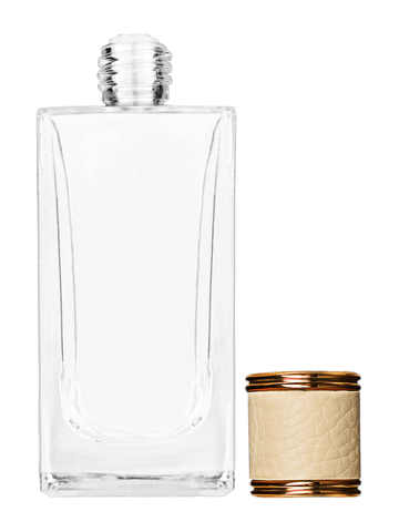 Empire design 100 ml, 3 1/2oz  clear glass bottle  with reducer and ivory faux leather cap.