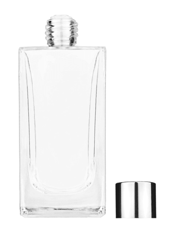 Empire design 100 ml, 3 1/2oz  clear glass bottle  with reducer and shiny silver cap.