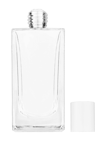 Empire design 100 ml, 3 1/2oz  clear glass bottle  with reducer and white cap.