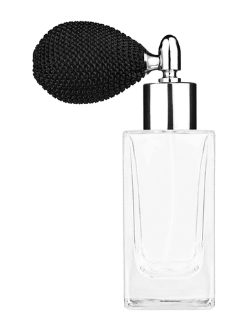 Empire design 50 ml, 1.7oz  clear glass bottle  with black vintage style bulb sprayer with shiny silver collar cap.