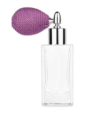 Empire design 50 ml, 1.7oz  clear glass bottle  with lavender vintage style bulb sprayer with shiny silver collar cap.
