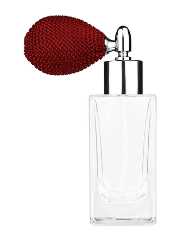 Empire design 50 ml, 1.7oz  clear glass bottle  with red vintage style bulb sprayer with shiny silver collar cap.