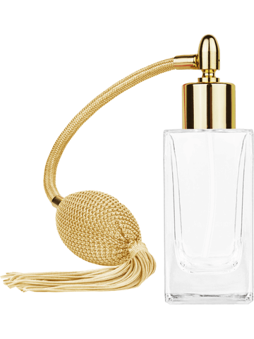 Empire design 50 ml, 1.7oz  clear glass bottle  with Gold vintage style bulb sprayer with tassel with shiny gold collar cap.