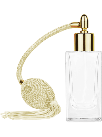 Empire design 50 ml, 1.7oz  clear glass bottle  with Ivory vintage style bulb sprayer with tassel with shiny gold collar cap.