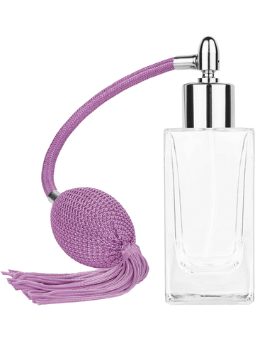 Empire design 50 ml, 1.7oz  clear glass bottle  with Lavender vintage style bulb sprayer with tassel with shiny silver collar cap.