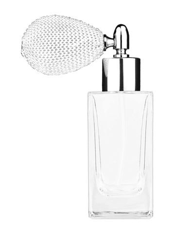 Empire design 50 ml, 1.7oz  clear glass bottle  with white vintage style bulb sprayer with shiny silver collar cap.