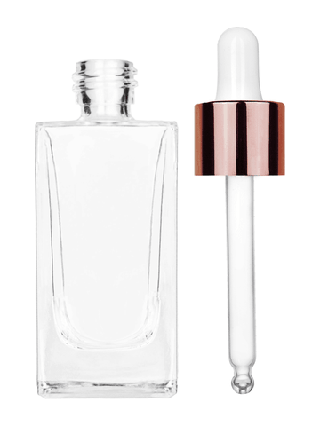 Empire design 50 ml, 1.7oz  clear glass bottle  with white dropper with shiny copper collar cap.