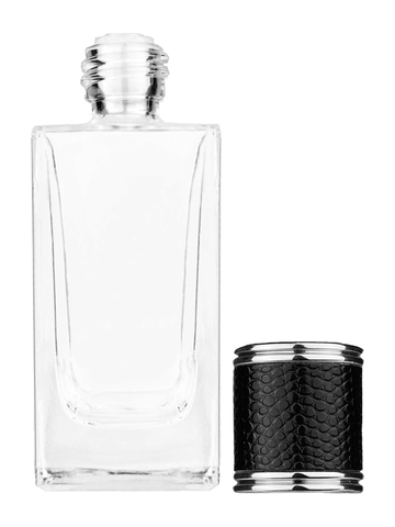 Empire design 50 ml, 1.7oz  clear glass bottle  with reducer and black faux leather cap.