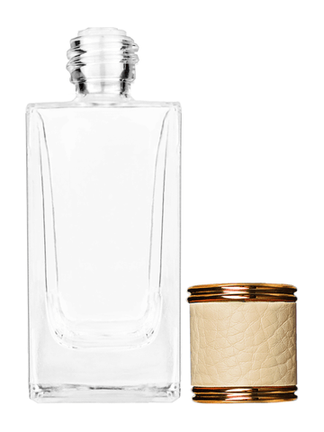 Empire design 50 ml, 1.7oz  clear glass bottle  with reducer and ivory faux leather cap.