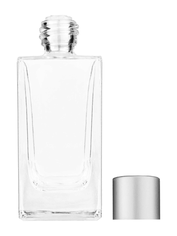 Empire design 50 ml, 1.7oz  clear glass bottle  with reducer and silver matte cap.