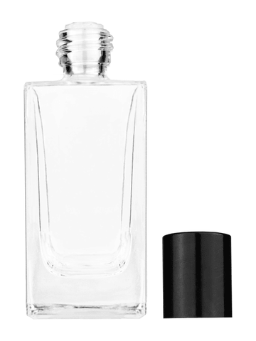 Empire design 50 ml, 1.7oz  clear glass bottle  with reducer and tall black shiny cap.