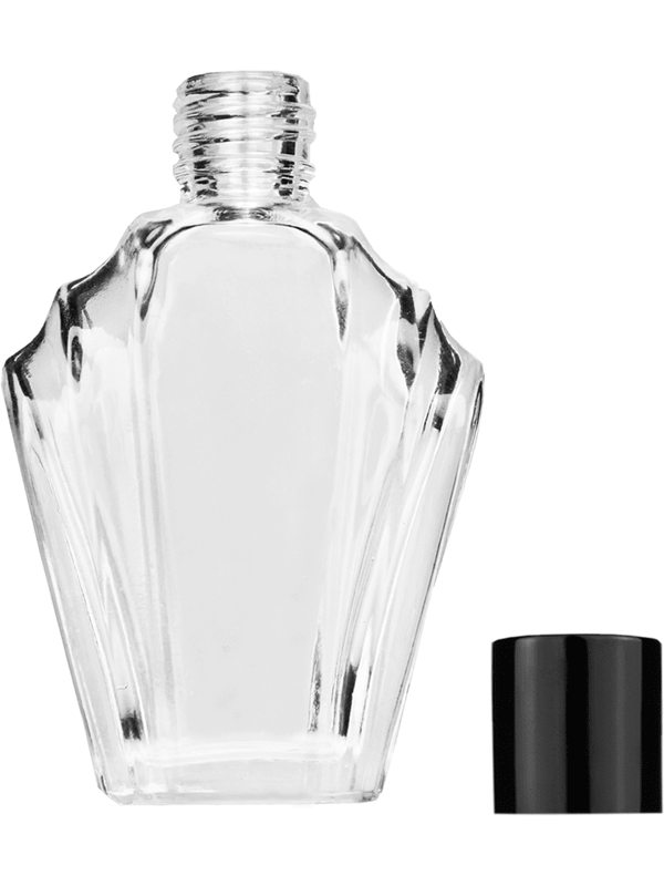 Empty Clear glass bottle with short shiny black cap capacity: 13ml. For use with perfume or fragrance oil, essential oils, aromatic oils and aromatherapy.