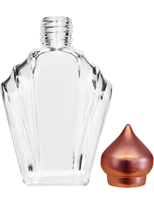Empty Clear glass bottle with copper minaret dab on cap capacity 13ml.  For use with perfume or fragrance oil, essential oils, aromatic oils and aromatherapy.
