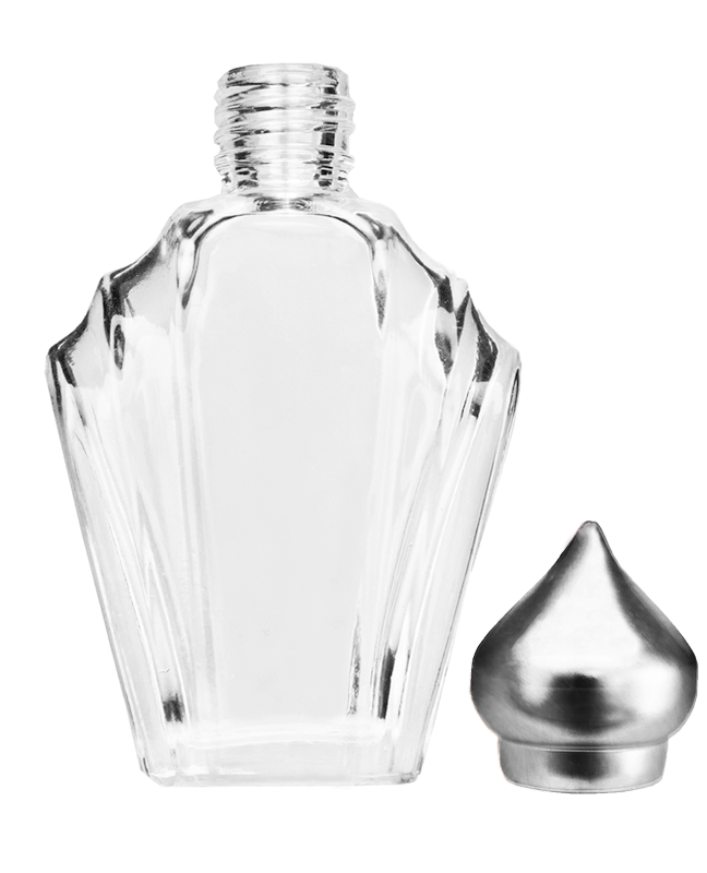 Empty Clear glass bottle with silver minaret dab on cap capacity 13ml.  For use with perfume or fragrance oil, essential oils, aromatic oils and aromatherapy.