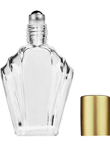 Flair design 13ml Clear glass bottle with metal roller ball plug and matte gold cap.