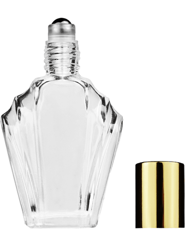 Flair design 15ml, 1/2oz Clear glass bottle with metal roller ball plug and shiny gold cap.