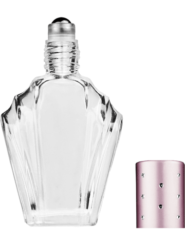 Flair design 13ml Clear glass bottle with metal roller ball plug and pink cap with dots.