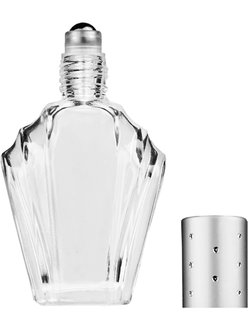 Flair design 13ml Clear glass bottle with metal roller ball plug and silver cap with dots.