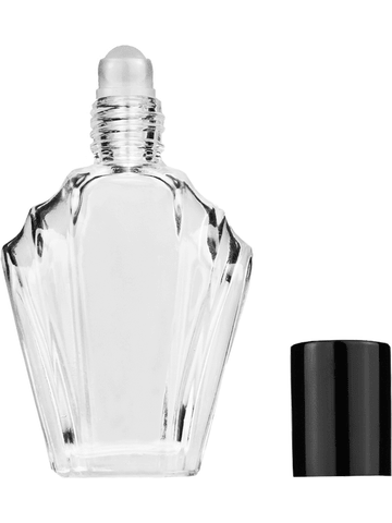 Flair design 13ml Clear glass bottle with plastic roller ball plug and black shiny cap.