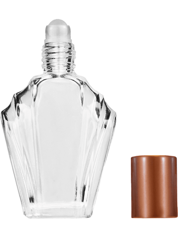 Flair design 13ml Clear glass bottle with plastic roller ball plug and matte copper cap.
