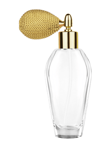Grace design 55 ml, 1.85oz  clear glass bottle  with gold vintage style sprayer with shiny gold collar cap.