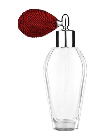 Grace design 55 ml, 1.85oz  clear glass bottle  with red vintage style bulb sprayer with shiny silver collar cap.
