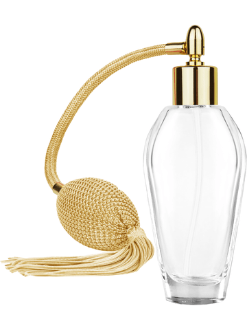 Grace design 55 ml, 1.85oz  clear glass bottle  with Gold vintage style bulb sprayer with tassel with shiny gold collar cap.