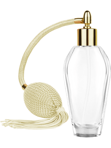 Grace design 55 ml, 1.85oz  clear glass bottle  with Ivory vintage style bulb sprayer with tassel with shiny gold collar cap.