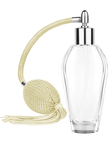 Grace design 55 ml, 1.85oz  clear glass bottle  with Ivory vintage style bulb sprayer with tassel with shiny silver collar cap.