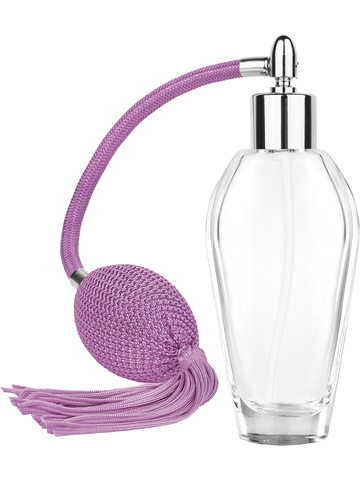 Grace design 55 ml, 1.85oz  clear glass bottle  with Lavender vintage style bulb sprayer with tassel with shiny silver collar cap.