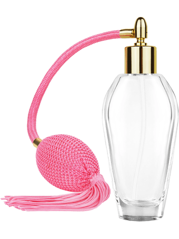 Grace design 55 ml, 1.85oz  clear glass bottle  with Pink vintage style bulb sprayer with tassel with shiny gold collar cap.