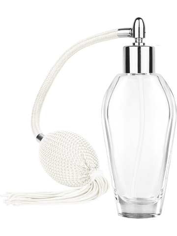 Grace design 55 ml, 1.85oz  clear glass bottle  with White vintage style bulb sprayer with tassel with shiny silver collar cap.