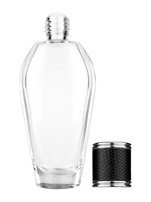 Grace design 55 ml, 1.85oz  clear glass bottle  with reducer and black faux leather cap.