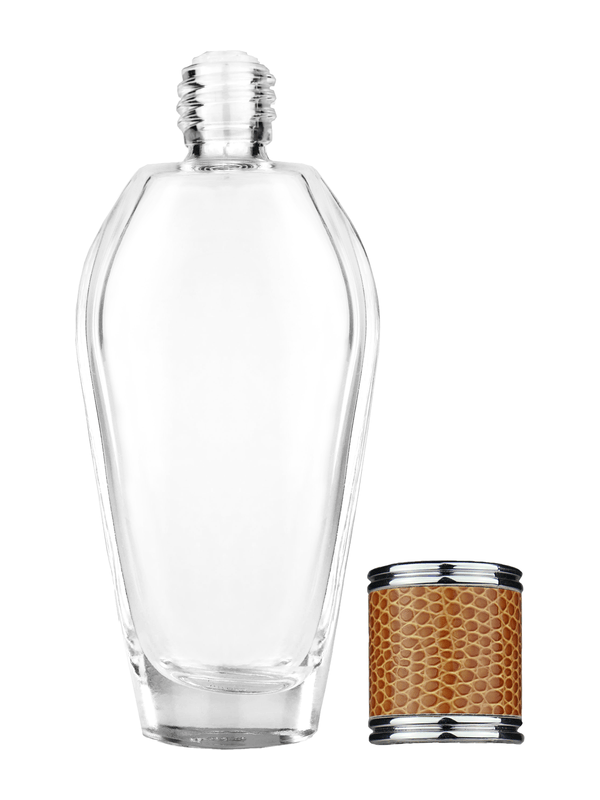 Grace design 55 ml, 1.85oz  clear glass bottle  with reducer and brown faux leather cap.