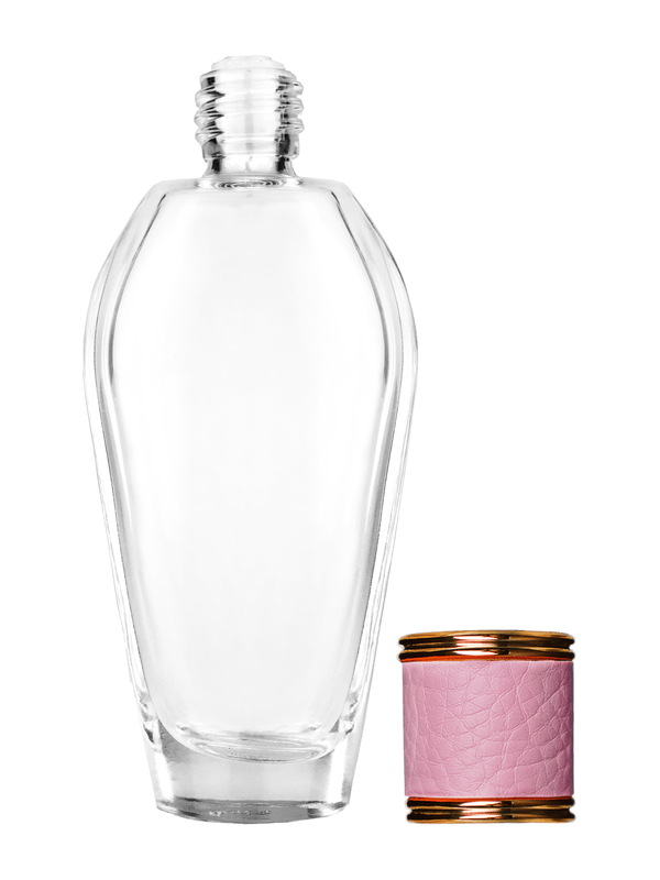 Grace design 55 ml, 1.85oz  clear glass bottle  with reducer and pink faux leather cap.