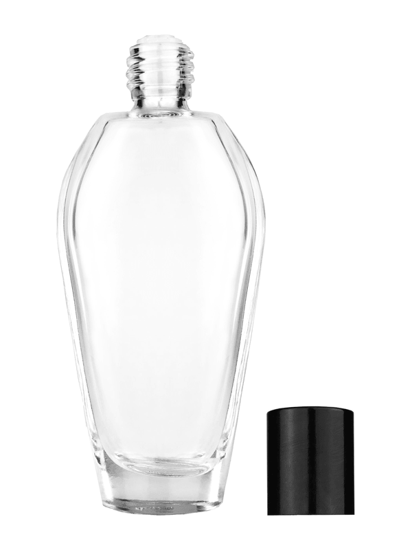 Grace design 55 ml, 1.85oz  clear glass bottle  with reducer and tall black shiny cap.