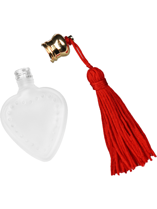 Heart design 4 ml, Frosted glass bottle with red tassel.