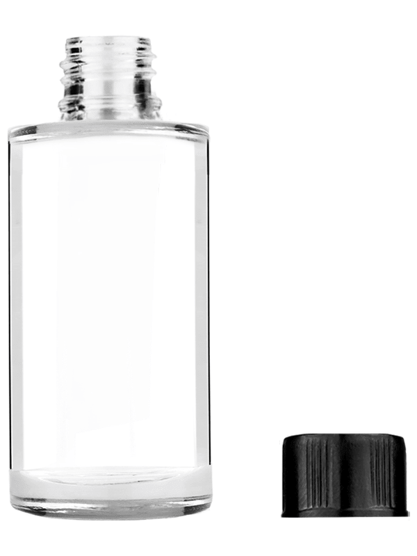 Cylinder design 9ml Clear glass bottle with short ridged black cap.
