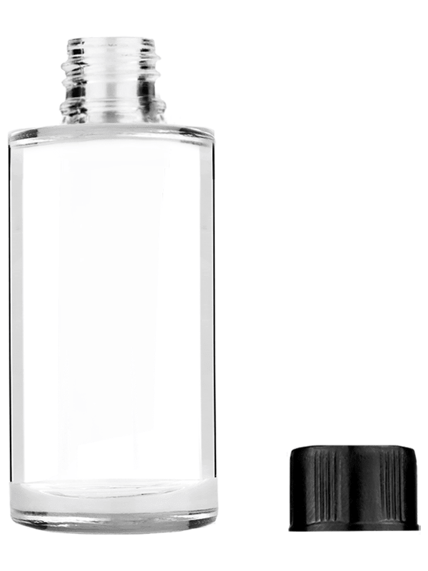 Pillar design 9ml Clear glass bottle with short ridged black cap.