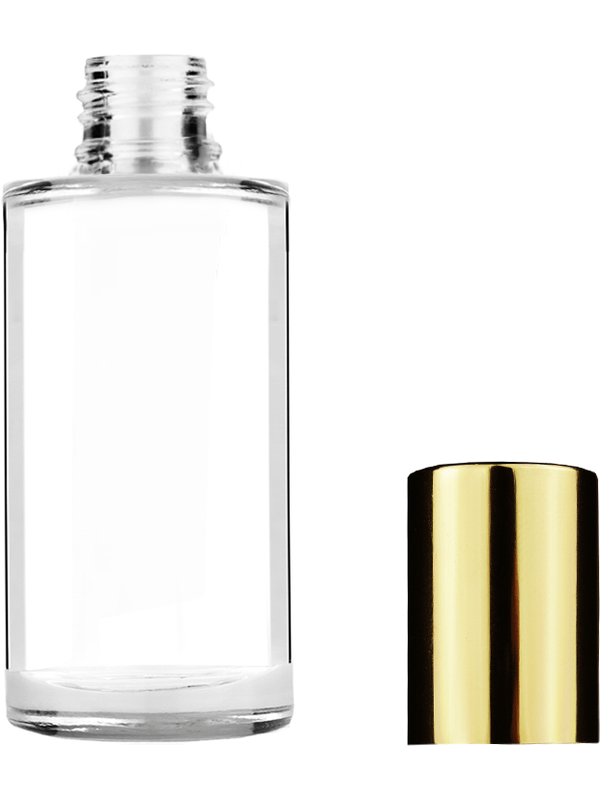 Pillar design 9ml Clear glass bottle with gold plastic cap.
