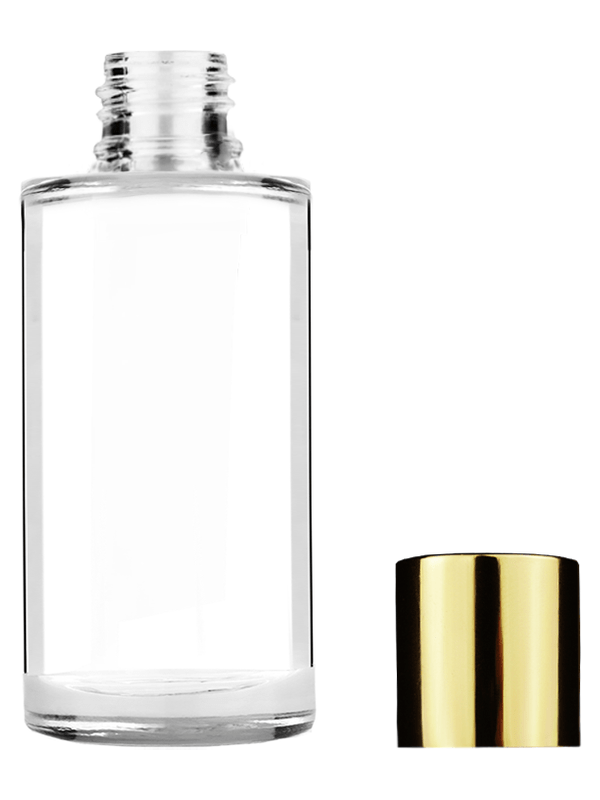 Pillar design 9ml Clear glass bottle with short gold plastic cap.