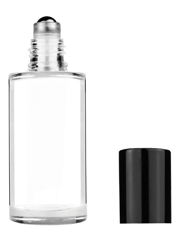 Cylinder design 9ml Clear glass bottle with metal roller ball plug and shiny black cap.