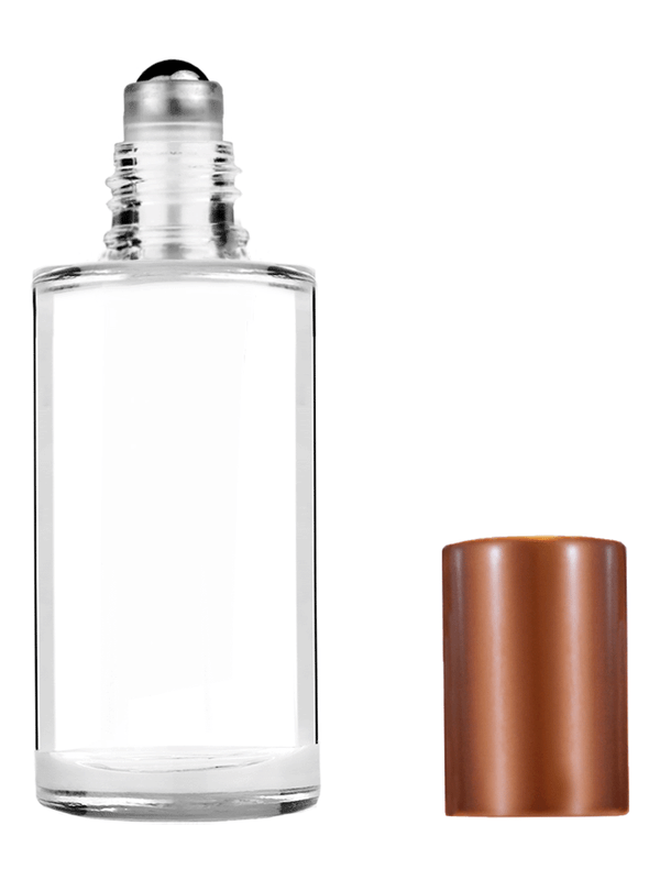 Pillar design 9ml Clear glass bottle with metal roller ball plug and matte copper cap.
